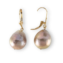 Load image into Gallery viewer, Solid 14k Yellow Gold Leverback Baroque Lavender Pearl Dangle Earrings