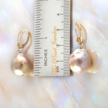 Load image into Gallery viewer, Solid 14k Yellow Gold Leverback Baroque Lavender Pearl Dangle Earrings
