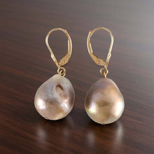 Load image into Gallery viewer, Solid 14k Yellow Gold Leverback Baroque Lavender Pearl Dangle Earrings