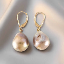 Load image into Gallery viewer, Solid 14k Yellow Gold Leverback Baroque Lavender Pearl Dangle Earrings