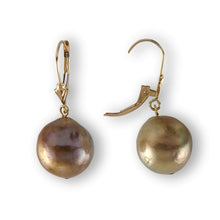 Load image into Gallery viewer, Solid 14k Yellow Gold Leverback Baroque Lavender Pearl Dangle Earrings (Petite)