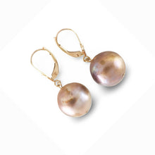 Load image into Gallery viewer, Solid 14k Yellow Gold Leverback Baroque Lavender Pearl Dangle Earrings (Petite)