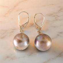 Load image into Gallery viewer, Solid 14k Yellow Gold Leverback Baroque Lavender Pearl Dangle Earrings (Petite)