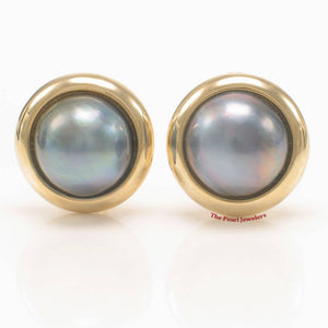 14K Yellow Gold Omega Clip & Gold Border Design Blue Mabe Pearl Earrings