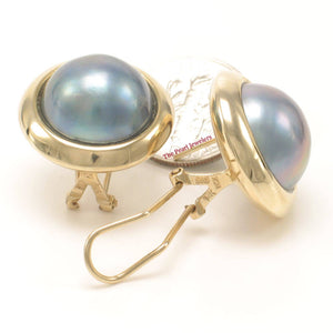 14K Yellow Gold Omega Clip & Gold Border Design Blue Mabe Pearl Earrings