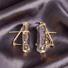 Load image into Gallery viewer, Solid 14k Yellow Gold Omega Clip Diamond &amp; Black Biwa Pearl Earrings