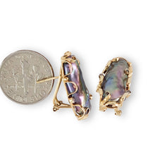 Load image into Gallery viewer, Solid 14k Yellow Gold Omega Clip Diamond &amp; Black Biwa Pearl Earrings