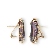 Load image into Gallery viewer, Solid 14k Yellow Gold Omega Clip Diamond &amp; Black Biwa Pearl Earrings