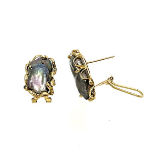 1099009 14K  GOLD OMEGA CLIP DIAMOND BLACK BIWA PEARL EARRINGS