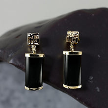 Load image into Gallery viewer, 14K Yellow Gold Good Fortune Dangle Black Onyx Earrings