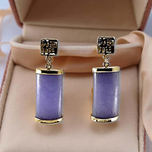 Load image into Gallery viewer, 14K Yellow Gold Good Fortune Dangle Lavender Jade Earrings