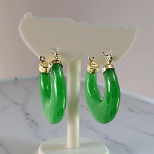Load image into Gallery viewer, 14K Yellow Gold Moon Shape Green Jade Hoop Earrings