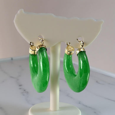 14K Yellow Gold Moon Shape Green Jade Hoop Earrings