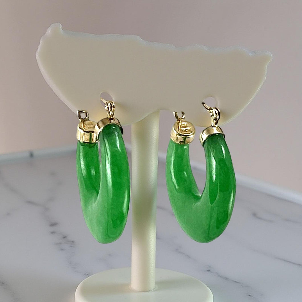 14K Yellow Gold Moon Shape Green Jade Hoop Earrings