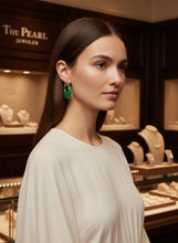 Load image into Gallery viewer, 14K Yellow Gold Moon Shape Green Jade Hoop Earrings