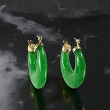 Load image into Gallery viewer, 14K Yellow Gold Moon Shape Green Jade Hoop Earrings