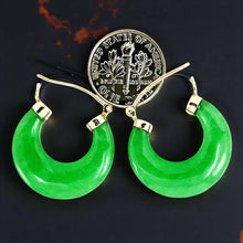 Load image into Gallery viewer, 14K Yellow Gold Moon Shape Green Jade Hoop Earrings