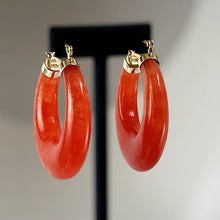 Load image into Gallery viewer, 14K Yellow Gold Moon Shape Red Jade Hoop Earrings