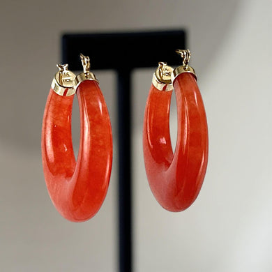 14K Yellow Gold Moon Shape Red Jade Hoop Earrings