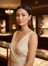 Load image into Gallery viewer, 14K Yellow Gold Moon Shape Red Jade Hoop Earrings