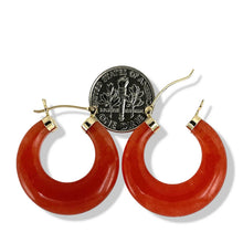 Load image into Gallery viewer, 14K Yellow Gold Moon Shape Red Jade Hoop Earrings