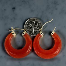 Load image into Gallery viewer, 14K Yellow Gold Moon Shape Red Jade Hoop Earrings