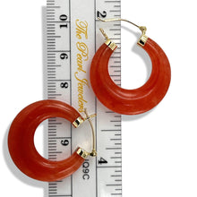 Load image into Gallery viewer, 14K Yellow Gold Moon Shape Red Jade Hoop Earrings