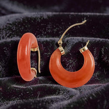 Load image into Gallery viewer, 14K Yellow Gold Moon Shape Red Jade Hoop Earrings