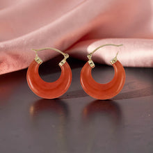 Load image into Gallery viewer, 14K Yellow Gold Moon Shape Red Jade Hoop Earrings