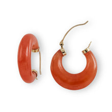 Load image into Gallery viewer, 14K Yellow Gold Moon Shape Red Jade Hoop Earrings