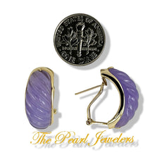 Load image into Gallery viewer, 14K Yellow Gold Omega Clip Hand-Carved Lavender Jade Earrings
