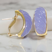 Load image into Gallery viewer, 14K Yellow Gold Omega Clip Hand-Carved Lavender Jade Earrings