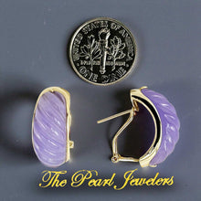 Load image into Gallery viewer, 14K Yellow Gold Omega Clip Hand-Carved Lavender Jade Earrings