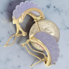Load image into Gallery viewer, 14K Yellow Gold Omega Clip Hand-Carved Lavender Jade Earrings