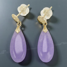 Load image into Gallery viewer, 14K Yellow Gold Good Fortune Teardrop Lavender Jade Earrings