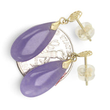Load image into Gallery viewer, 14K Yellow Gold Good Fortune Teardrop Lavender Jade Earrings