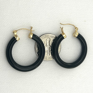 1100081 GENUINE BLACK ONYX TUBE ROUND HOOP 14KT YELLOW GOLD EARRINGS