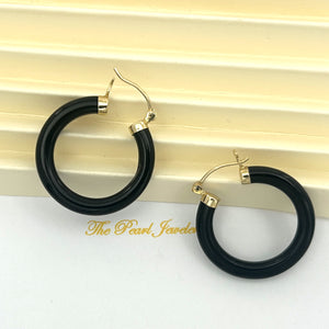 1100081 GENUINE BLACK ONYX TUBE ROUND HOOP 14KT YELLOW GOLD EARRINGS