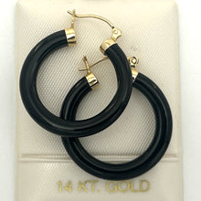 Load image into Gallery viewer, 1100081 GENUINE BLACK ONYX TUBE ROUND HOOP 14KT YELLOW GOLD EARRINGS