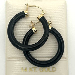 1100081 GENUINE BLACK ONYX TUBE ROUND HOOP 14KT YELLOW GOLD EARRINGS