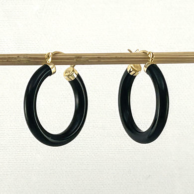 1100081 GENUINE BLACK ONYX TUBE ROUND HOOP 14KT YELLOW GOLD EARRINGS