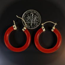 Load image into Gallery viewer, 14K Yellow Gold Red Jade Tube Hoop Earrings