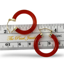 Load image into Gallery viewer, 14K Yellow Gold Red Jade Tube Hoop Earrings