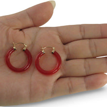 Load image into Gallery viewer, 14K Yellow Gold Red Jade Tube Hoop Earrings