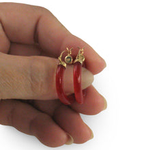 Load image into Gallery viewer, 14K Yellow Gold Red Jade Tube Hoop Earrings
