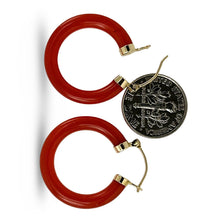 Load image into Gallery viewer, 14K Yellow Gold Red Jade Tube Hoop Earrings