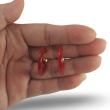 Load image into Gallery viewer, 14K Yellow Gold Red Jade Tube Hoop Earrings
