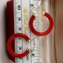 Load image into Gallery viewer, 14K Yellow Gold Red Jade Tube Hoop Earrings