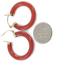 Load image into Gallery viewer, 14K Yellow Gold Red Jade Tube Hoop Earrings