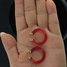 Load image into Gallery viewer, 14K Yellow Gold Red Jade Tube Hoop Earrings